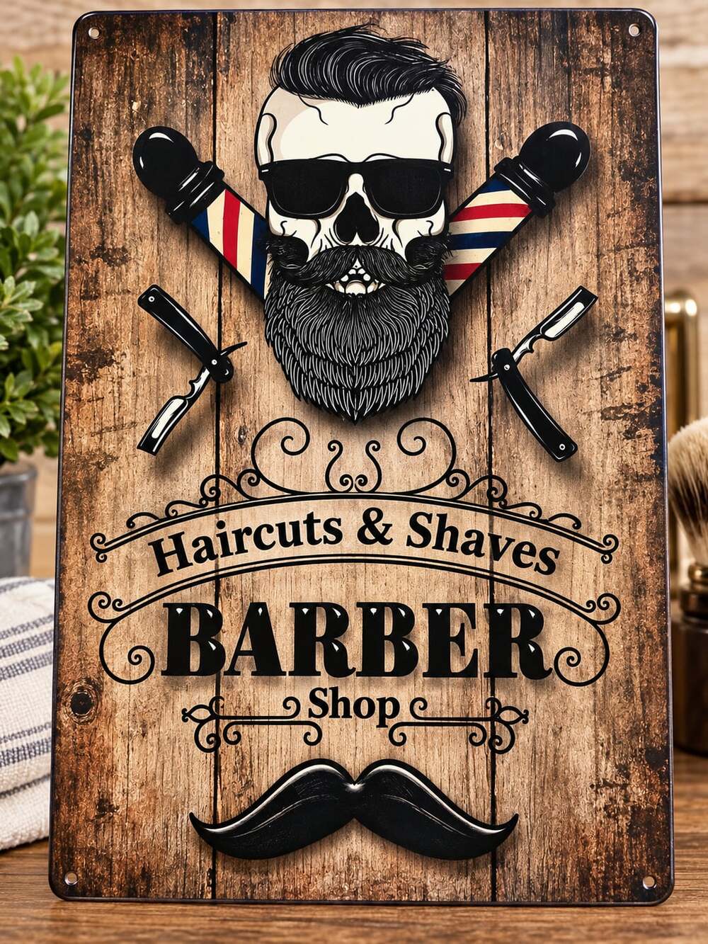 Vintage Barber Shop Metal Tin Sign Haircuts and Shaves Wall Decor
